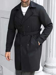 Manfinity Mode 男士加大码街头风黑色纯色防静电双排扣宽松风衣，休闲风衣，男友/老公礼物，周年纪念礼物，男士长款外套，男士大衣，双排扣风衣，男士黑色风衣，暗黑学院风男士风衣，男士外套，男士秋季系列 - 黑色 - 查看 4