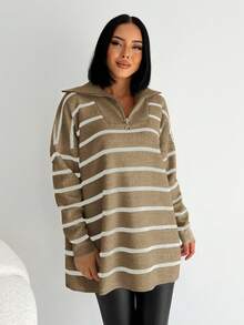 EURMUSE Striped Pattern Zipper Front Drop Shoulder Sweater - Brown - View 4