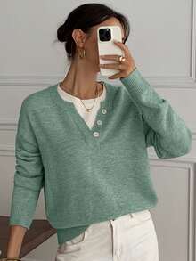 DAZY Casual Color Block Henley Neck Pullover, Soft Knit 2 In 1 Sweater For Women - Mint Green - View 2