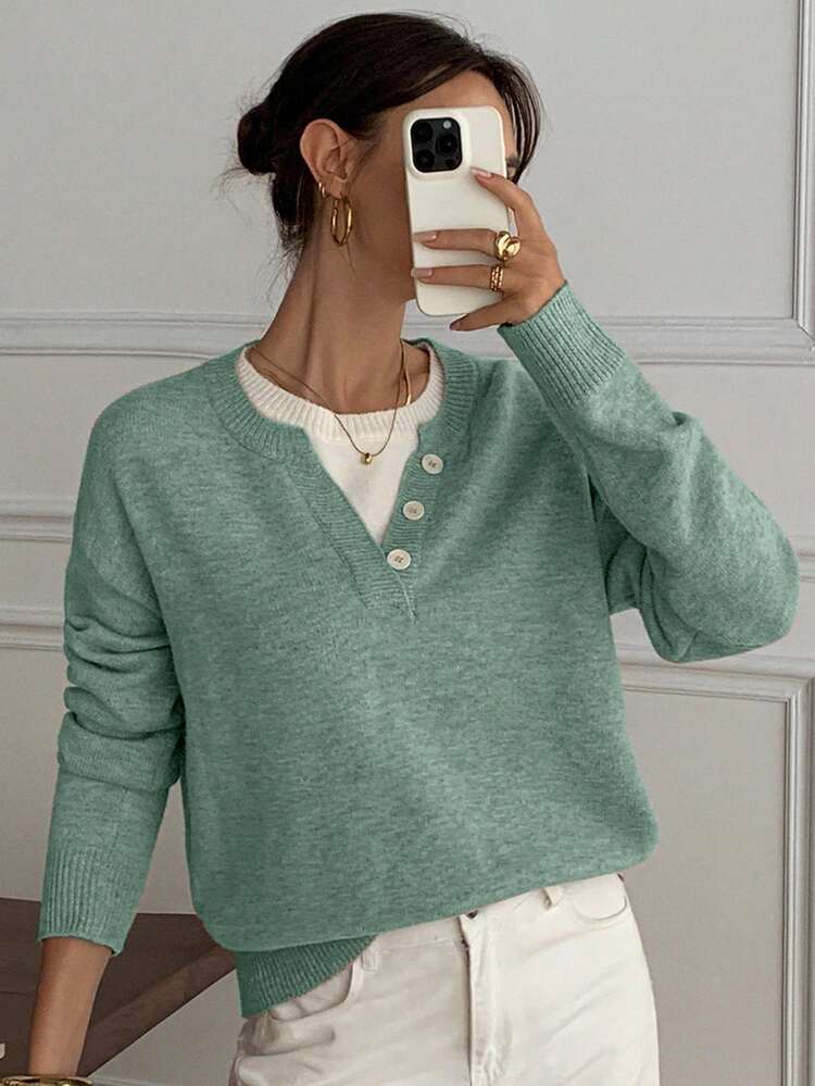Casual Color Block Henley Neck Pullover, Soft Knit 2 In 1 Sweater For Women