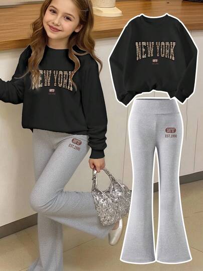 Tween-Mädchen 2-teiliges Set aus Kapuzenpullover und Jogginghose, lässiger New-York-City-Slogan-Print, langärmliges Sweatshirt mit Rundhalsausschnitt und Schlaghose, geeignet für Herbst/Winter, vielseitiger Stil, schwarzes Sweatshirt mit Rundhalsausschnitt und graue Schlaghose mit Oberteil mit New-York-Print