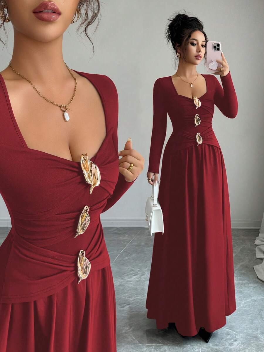 SHEIN Clasi 女式纯色金属心形装饰优雅长袖连衣裙 - 酒紅色 - 查看 1