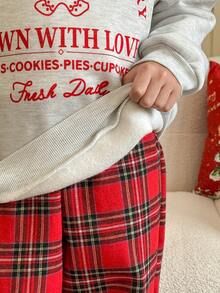 Genkimix Kids 2pcs/Set Tween Girl Christmas Gingerbread Man Print Fleece Sweatshirt And Red Plaid Pant, Winter Kid Outfit, Lounge Set - Grey - View 2