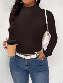 Plus Size Women Casual Everyday Commute Simple Solid Color High Neck Fitted Pullover Sweater, Autumn/Winter - Coffee Brown - View 5