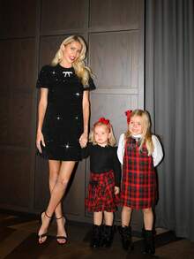 PrepCrw 1pc Young Girls Elegant Urban Versatile Classic Christmas Black Plaid White Ruffle Collar Long Sleeve Dress, Suitable For Casual Outings, Gatherings, Holidays, Autumn, Winter, Christmas - Red and White - View 12