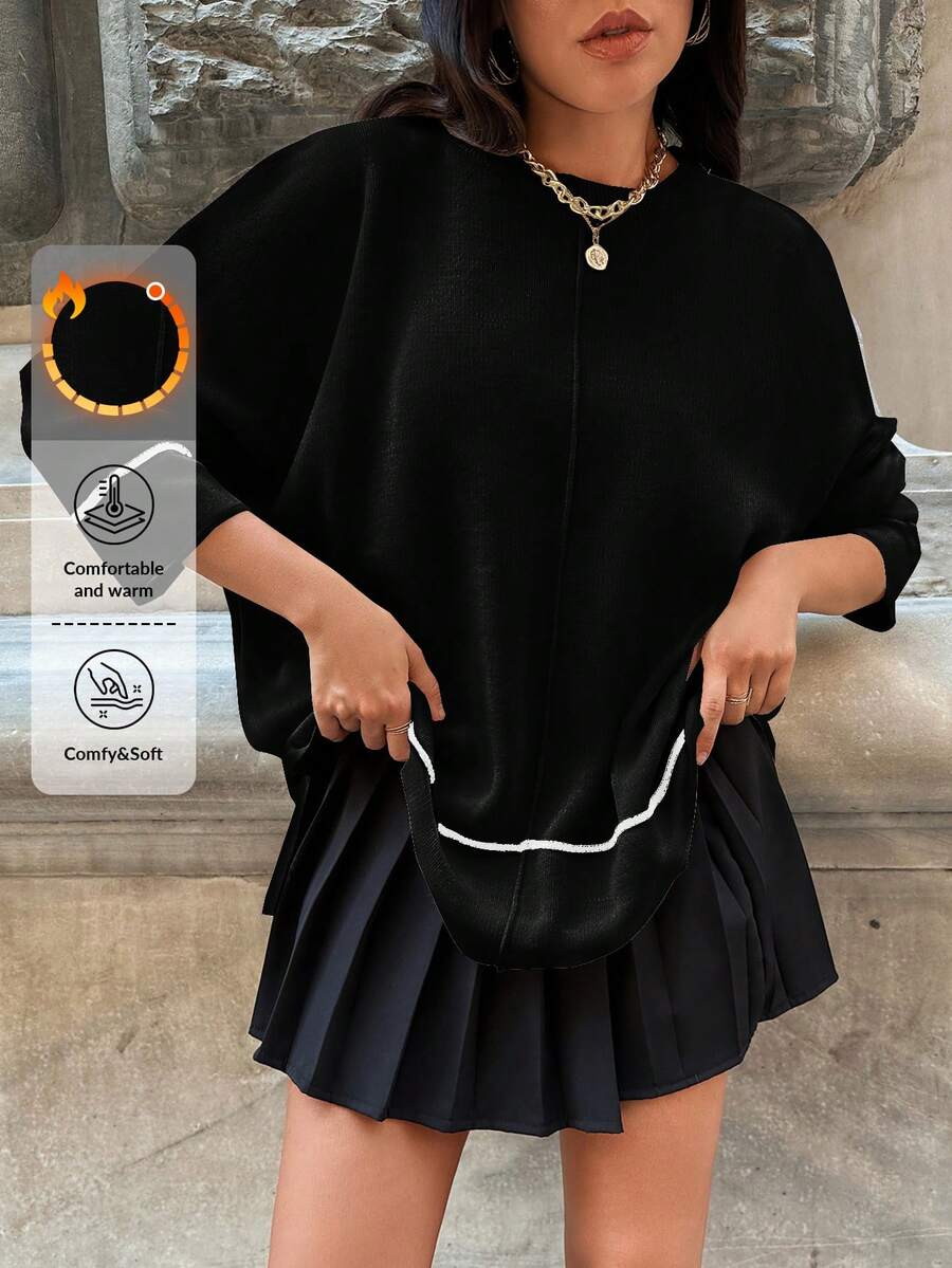 撞色滾邊蝙蝠袖套頭毛衣 - 黑色 - 查看 1