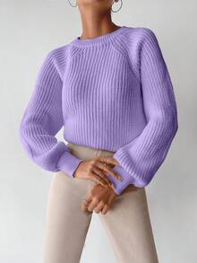 EURMUSE Áo len dệt kim cổ tròn dài tay đơn giản cho nữ - Màu Lilac Tím - Xem 5