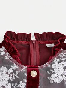 SHEIN Tween Girl Elegant Collared Colorblock Lace Ruffle Velvet Christmas Holiday Mid-Length Dress