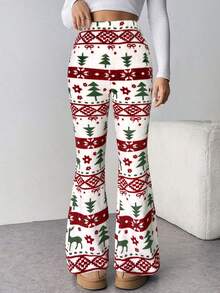 Firerie 女士新款优雅休闲圣诞风格裤子，秋冬休闲优雅居家户外保暖内衬双面抓绒泰迪抓绒，多色红绿圣诞图案印花高腰喇叭裤，秋季女装 - 彩色 - 查看 4