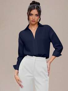INAWLY Bộ đồ liền thân dài tay màu trơn thanh lịch dành cho nữ - Xanh đậm - Xem 3