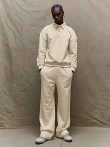 Musero Men Loose Fit Premium Press Stud Button Up Elasticated Drawstring Waistband Jogger Trouser Pants - Beige - View 1