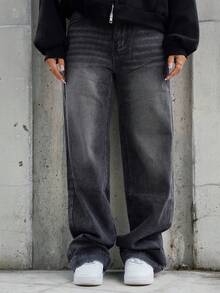 SAYEHFBABY Quần denim ống rộng rộng rãi có khóa kéo thường ngày dành cho nữ - Màu xám đen - Xem 3