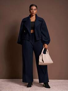 Veslaya 2025 Spring/Autumn New Arrival Elegant & Commute & Party & Date Solid Brown Loose Long Sleeve Plus Size Lapel Wool Blend Short Blazer Jacket For Plus Size Women - A