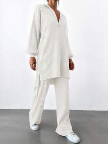 EURMUSE Women's Solid Color Ribbed Turtleneck Zip-Up Long Sleeve Top And Pants Sweater Set - White - View 6