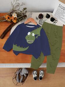 1 Set Young Boys Casual Cute Cartoon Dinosaur Print Crew Neck Long Sleeve Sweatshirt And Sweatpants Set, Suitable For Outings, Sports, School In Autumn/Winter - Multicolor - View 3