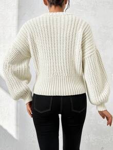EURMUSE Women's Solid Color Crew Neck Dropped Shoulder Long Sleeve Loose Casual Sweater, Fall/Winter - White - View 2