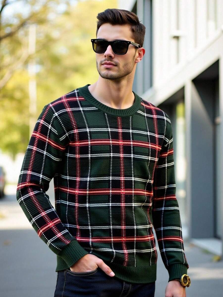 Manfinity Homme Men's Casual Plaid Crew Neck Sweater, Autumn/Winter - Multicolor - View 1