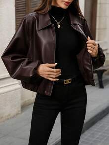 EMERY ROSE 女式街头时尚PU拉链长袖夹克 - 棕色 - 查看 4