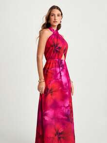 CAJUNI Floral Print Hollow Out Backless Elegant Sleeveless Dress - Red Violet - View 4