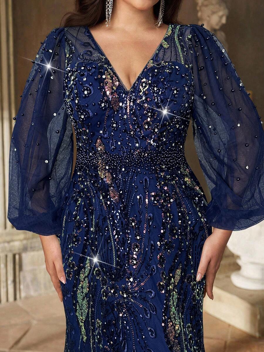 Aureia Đầm cỡ lớn sang trọng, thanh lịch, lãng mạn, cổ chữ V đính sequin và hạt cườm, tay phồng, dáng đuôi cá ôm sát, thích hợp cho tiệc tối, hẹn hò, dạ hội, đám cưới, lễ tốt nghiệp, kỳ nghỉ, ngày Valentine. - Màu xanh hải quân - Xem 1