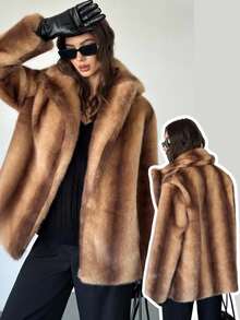 Firerie 女式优雅街头时尚都市时尚复古奢华派对宴会日常波西米亚风格翻领多色棕色仿皮草夹克，秋冬 - 棕色 - 查看 2