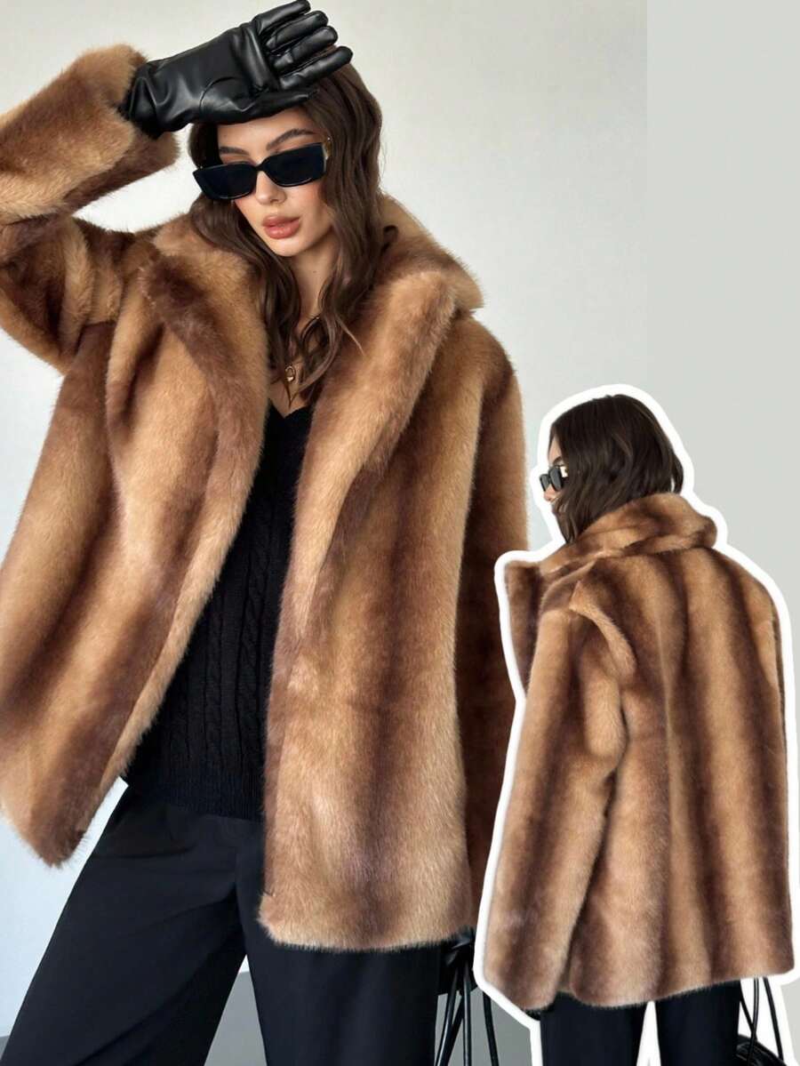 Firerie 女式优雅街头时尚都市时尚复古奢华派对宴会日常波西米亚风格翻领多色棕色仿皮草夹克，秋冬