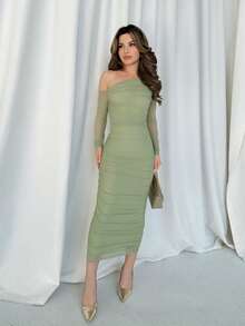 Jemour 女式秋季网眼褶饰优雅约会/派对长袖中长紧身连衣裙 - 薄荷綠 - 查看 5