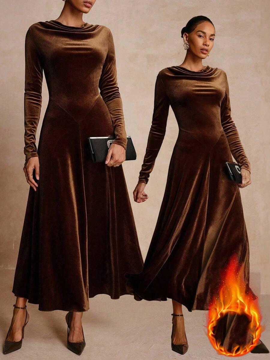 Vesra Women's Elegant Plunging Neck Long Sleeve Velvet Dress Long Brown Dress - Coffee Brown - View 1