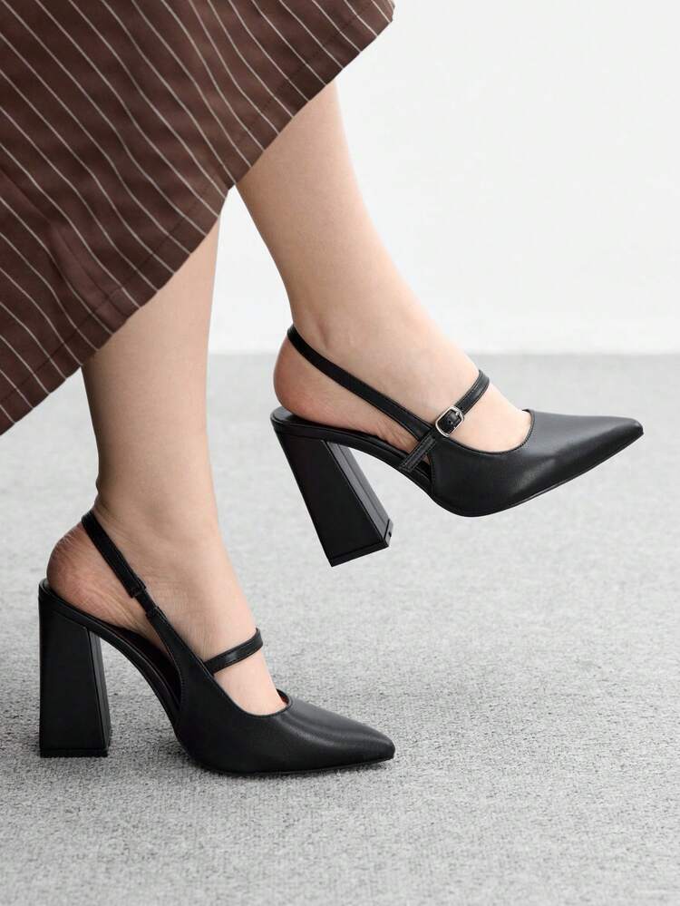 CUCCOO BIZCHIC Women's Fashion Pointed Toe Chunky High Heel Black Strap Minimalist High Heel Pumps, Backless, Suitable For Daily Commute, Work, Shopping, Party, Banquet For Christmas Spring Shoes
