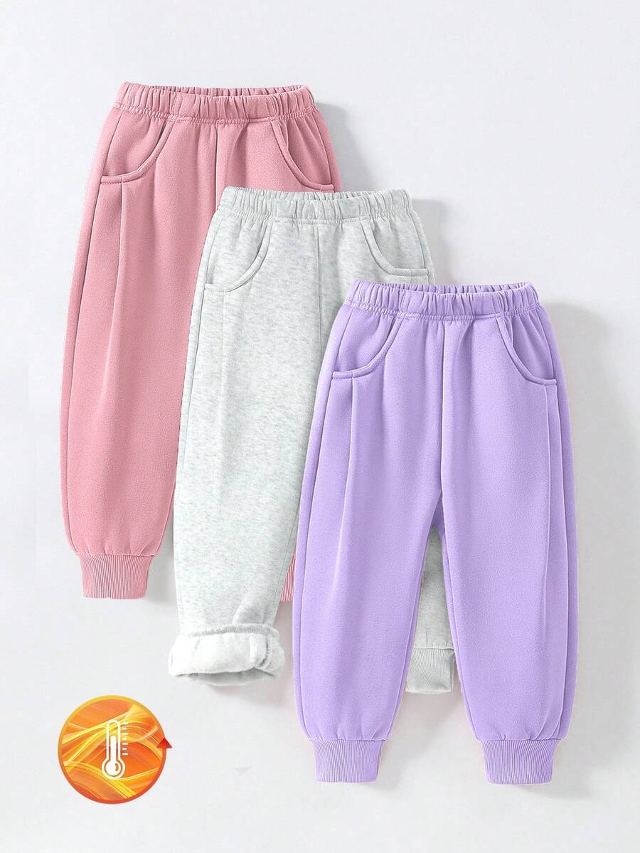 SHEIN Playful Pals GraphicGems 三件套休闲舒适纯色女婴运动裤，柔软舒适，适合儿童穿着。 - 彩色 - 查看 1