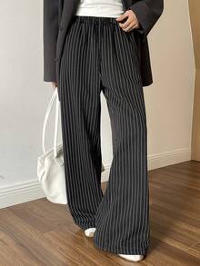 Livesso 女士休闲条纹抽绳直筒裤，宽松商务风，秋冬季保暖内衬 - 黑色 - 查看 2