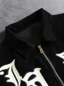 PAVTROS Men's Contrast Color Print Zip-Up Long Sleeve Corduroy Jacket, Y2k Zip Up Black Graphic Jacket, Fall/Winter - Black - View 4