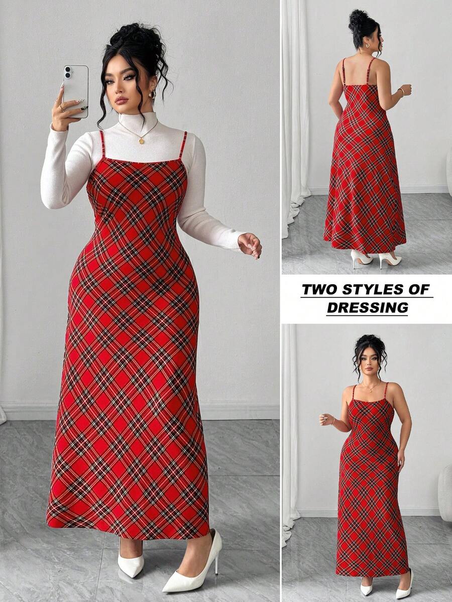 Elenzga Plus Size Women Elegant Plaid Maxi Slip Dress - Red - View 1