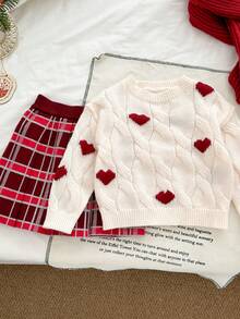 Genkimix Kids Kleine Mädchen Lässig Schul-Stil Set mit Herz Muster, weitem Pullover mit Drop Shoulder und kariertem plissiertem Rock, Herbst/Winter