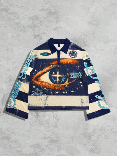 Street Life Men's Striped Eye Polo Collar Long Sleeve T-Shirt, Casual Polo Shirt, For Fall