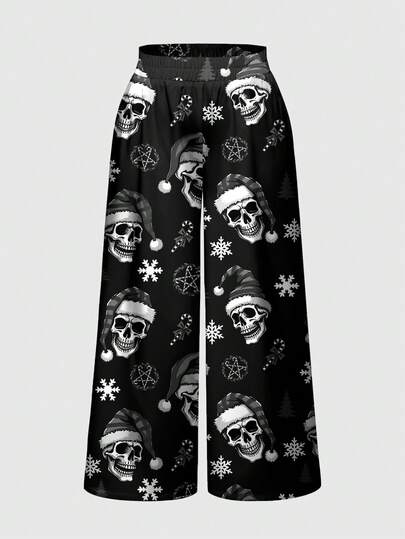 Pantaloni larghi e morbidi con stampa natalizia di scheletri, renne rosse e rosa, taglie comode