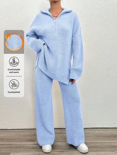 EURMUSE 2pcs Women's Solid Color Half Mock Neck Dolman Sleeve Sweater And Knit Pants Casual Set, Autumn Winter