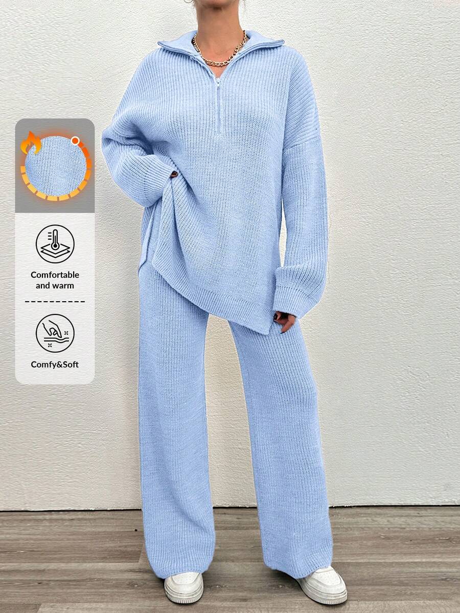 EURMUSE 2 piezas Conjunto casual de suéter de manga dolman de medio cuello alto de unicolor y pantalones de punto para mujer, otoño-invierno - Celeste - Ver 1