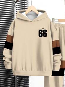 Tween-Jungen 2 Stücke Lässig Classic Farbblock Patchwork, Nummer 66 & König Text Grafik Muster Langarm Kapuzenpullover und Jogginghose Set, bequem für Herbst/Winter