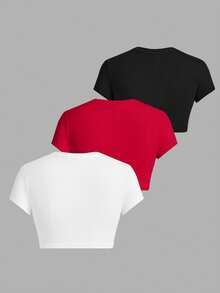 SHEIN EZwear 3pcs/Set Women's Round Neck Short Sleeve Tight-Fitting Cropped T-Shirt With Bowknot & Cherry Print, Suitable For Summer Suitable For Going Out