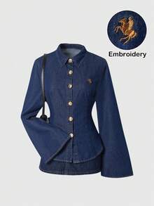 SHEIN MOD Women's Casual Everyday Commute Embroidered Flare Sleeve Button-Up Fitted Denim Blouse, Spring/Autumn Western Stylish Denim Peplum Blouses With Flared Sleeves And Gold Detail, Winter Christmas New Year Thanksgiving Elegant Party - Dark Wash - View 1