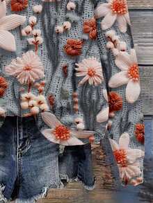 SHEIN LUNE 休闲简约印花图案圆领宽松女式卫衣，复古复古风格，3D刺绣印花，适合秋冬 - 彩色 - 查看 5