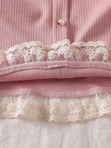 Genkimix Kids 年轻女孩蕾丝荷叶边长袖上衣和牛仔裤休闲装，秋季