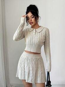 SHEIN Elenzya 女式 Polo 领半拉链纽扣短款长袖上衣搭配麻花针织百褶迷你裙两件套毛衣套装，秋冬 - 杏色 - 查看 1