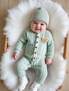 SHEIN 1 bộ đồ liền thân bằng vải nỉ trơn màu cho bé trai, mềm mại và thoải mái, phong cách thường ngày, thích hợp cho các buổi đi chơi mùa thu/đông, vui chơi ngoài trời, nghỉ dưỡng, mặc hàng ngày, du lịch - màu xanh lá - Xem 7