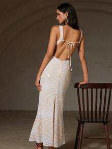 Aveloria Rosie 秋季派对季正式鸡尾酒礼服，性感时尚亮片串珠波浪纹面料圆领修身美人鱼露背无袖长裙 - 杏色 - 查看 2