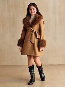 SHEIN 驼色毛领腰带夹克，适合青少年女孩冬季穿着