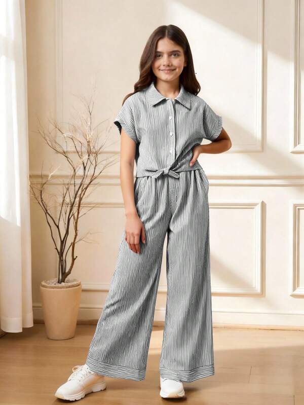 2 Pcs/Set Tween Girls Striped Woven Cotton Short Sleeve Shirt With Wide-Leg Pants Suits, Spring/Summer Resort Casual,Holiday,Summer,Travel