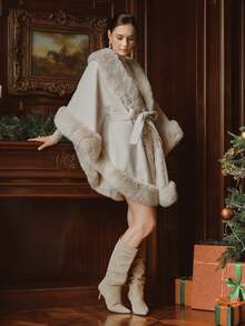 Anewsta 女士新款时尚宽松收腰羊毛斗篷外套，适合秋季、秋季、冬季、外出、优雅、正式、派对、别致、新年、女士冬季外套、圣诞节、工作、毕业、婚礼 - 米色 - 查看 5