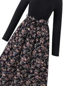 少女优雅花卉拼布针织罗纹圆领长袖 A 字中长连衣裙，秋冬保暖 - 黑色 - 查看 7